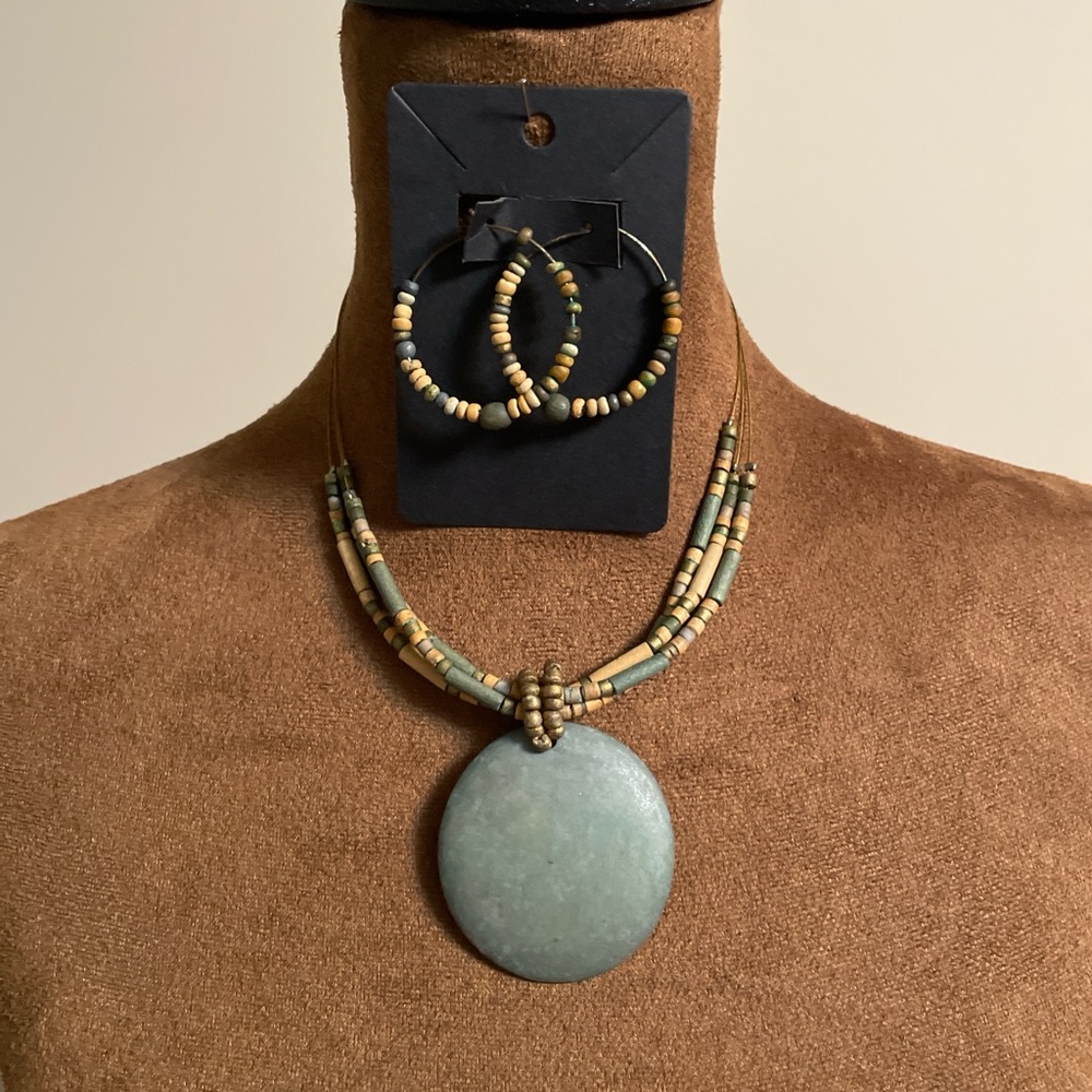 Vintage Beaded Necklace and Hoop Earrings Set